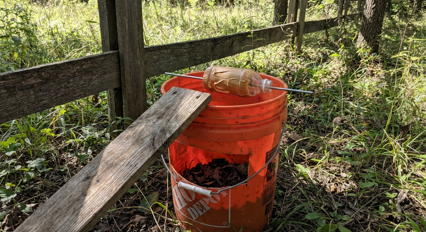 A 5-gallon bucket trap set near a fence line with a wooden ramp leading up to the rim, a baited rolling bottle across the top, and leaf litter in the bottom, realistic outdoor photo