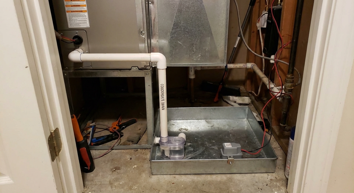 A PVC condensate drain line next to an indoor air handler with a small float switch and a shallow drain pan below, utility closet photo