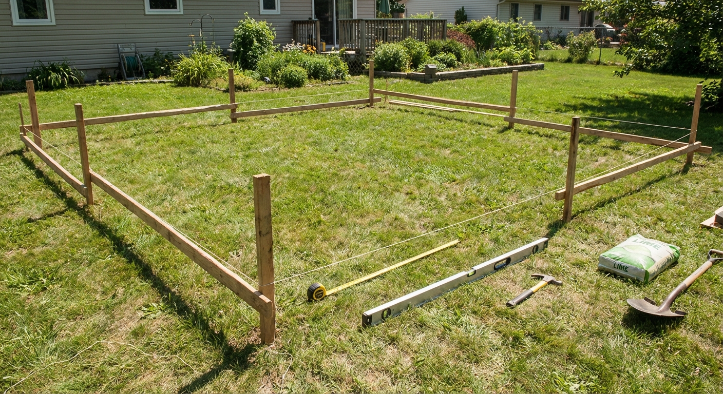 A backyard layout with wooden stakes and string lines outlining a rectangular patio area, with a tape measure and level on the ground