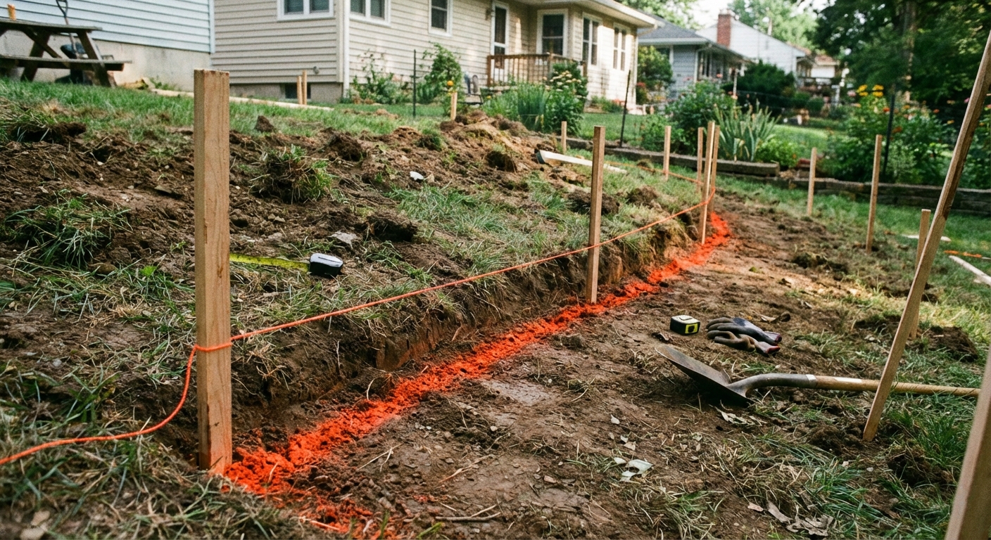 A backyard retaining wall layout with wooden stakes and a taut string line marking the front face of a wall, soil marked with orange paint, realistic outdoor photography