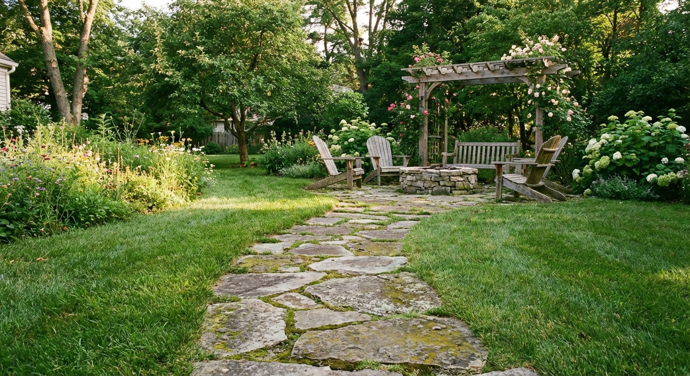A backyard stepping-stone path made of large flat stones set through grass leading to a seating area