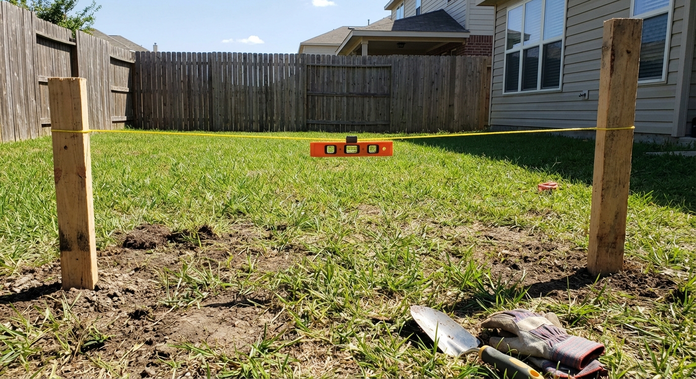A backyard with two wood stakes and a taut string line stretched between them, a small level clipped to the string, soil and grass visible, realistic home improvement photo