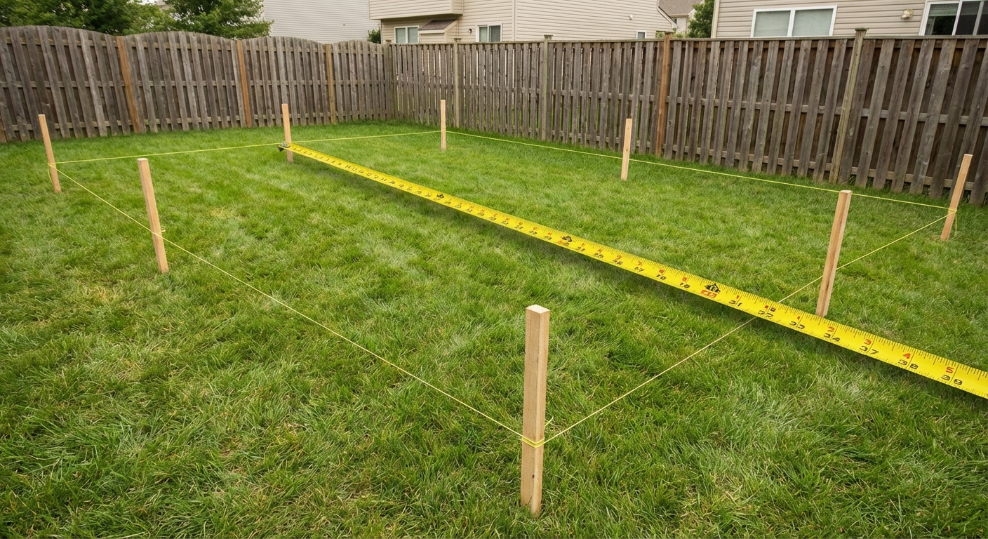 A backyard with wooden stakes and taut string lines forming a rectangle on the grass for a deck layout, tape measure stretched across one diagonal, realistic construction photo
