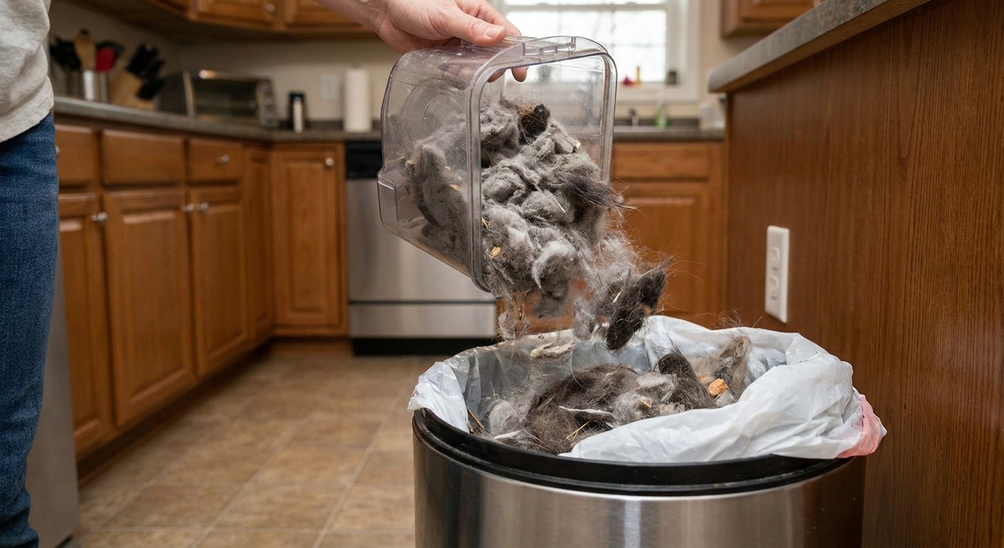 A bagless vacuum dust bin being emptied into a kitchen trash can with visible lint and pet hair falling out, real household photo