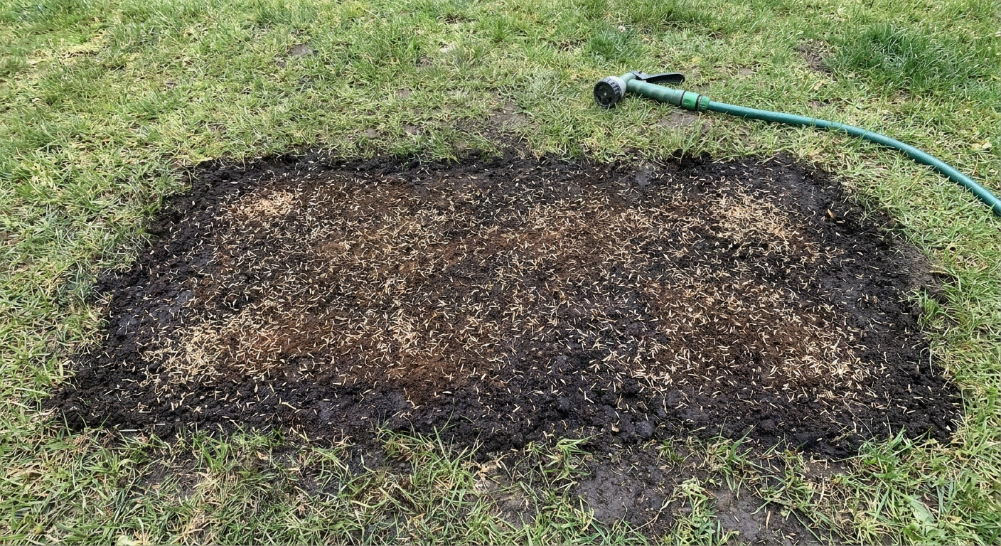 A bare lawn patch topdressed with a thin layer of soil and newly spread grass seed ready to be watered