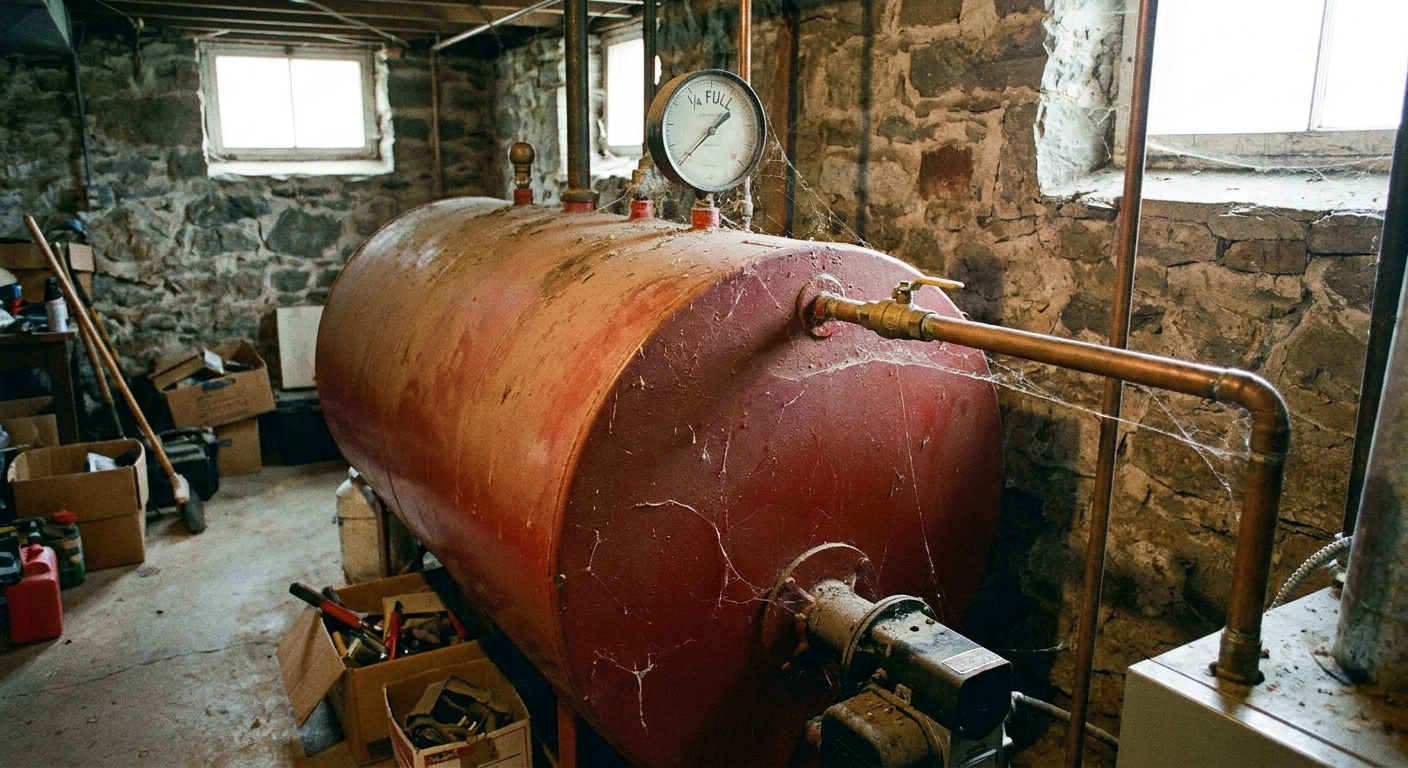 A basement heating oil tank with a visible round gauge on top and a shutoff valve on the outlet line, photographed in a real home