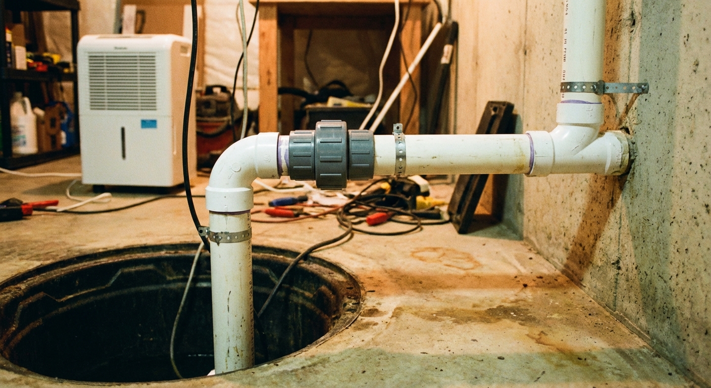 A basement sump pump discharge pipe with a union fitting and PVC piping leading toward the wall, photographed at eye level with realistic indoor lighting