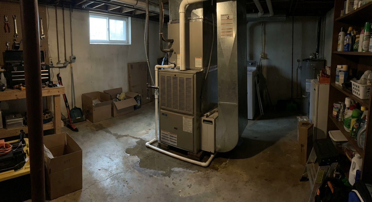 A basement utility room with a central AC air handler installed, water pooling on the concrete floor beneath the unit near the condensate drain line, natural indoor lighting, realistic home maintenance photo