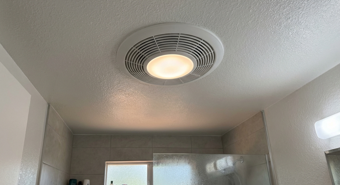A bathroom ceiling with a newly installed fan and light combo unit turned on, the grille centered and a soft light shining downward, realistic indoor photo