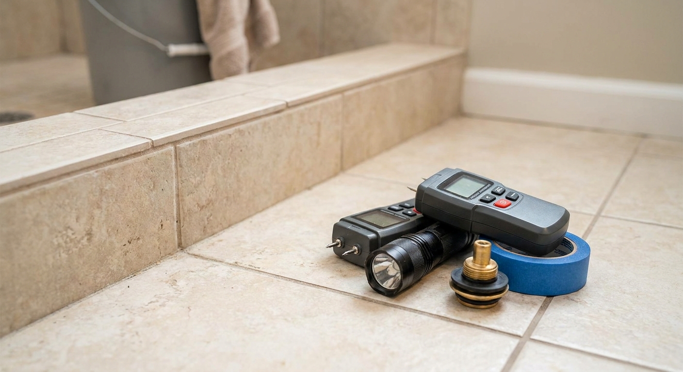 A bathroom floor with a moisture meter, a flashlight, painter’s tape, and a mechanical drain test plug laid out next to a shower curb for leak testing