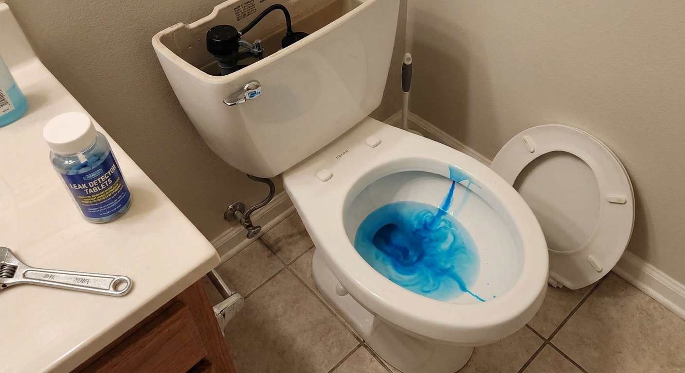 A bathroom toilet with the tank lid removed and blue dye visible in the bowl water, showing a confirmed toilet leak