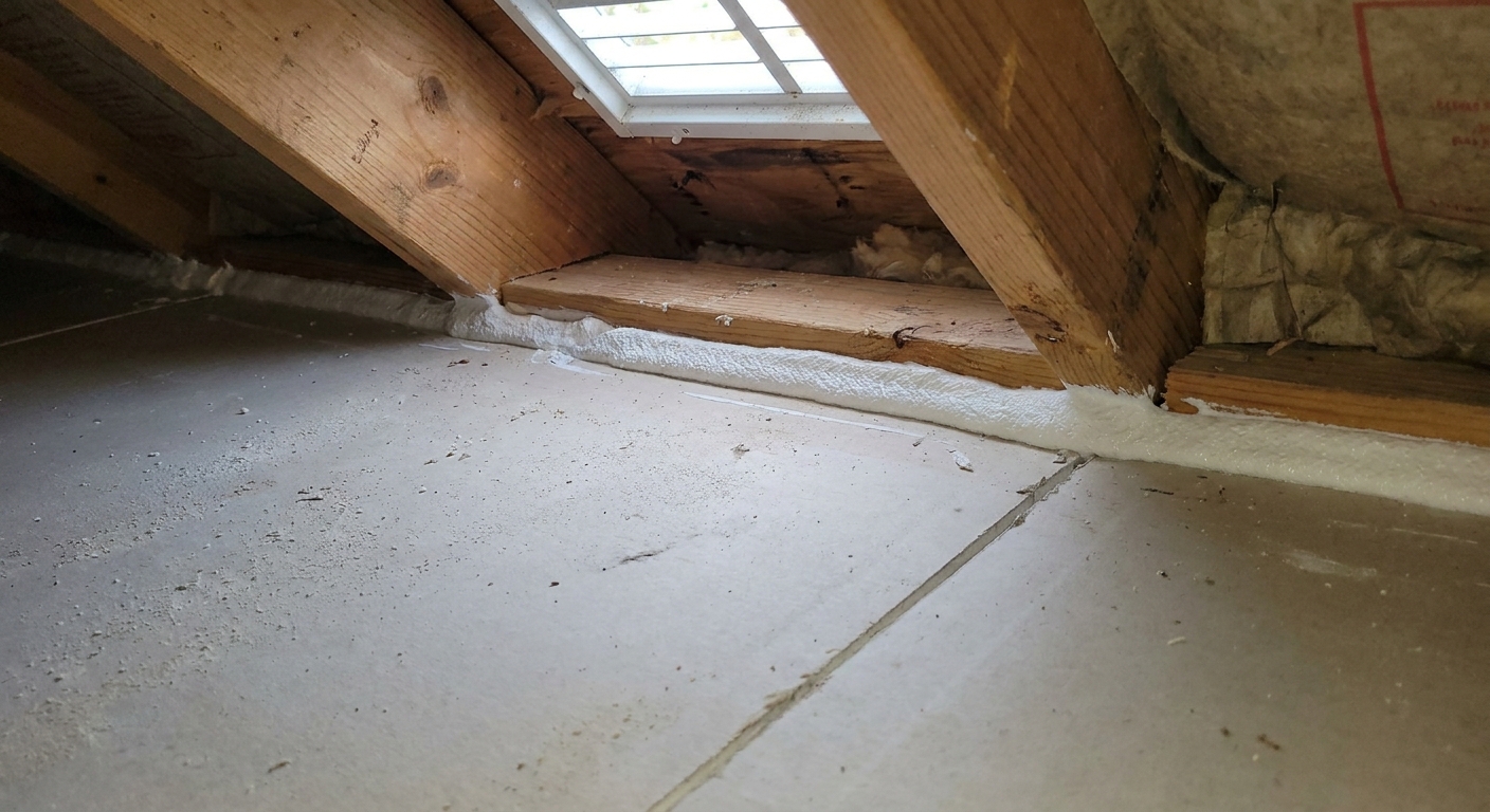 A bead of caulk applied along the seam where ceiling drywall meets the top plate in an attic, real photo