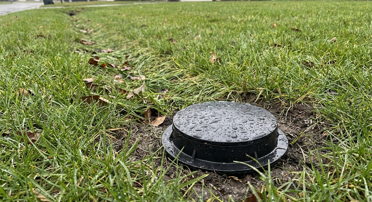 A black pop-up drain emitter installed flush in a lawn with surrounding grass, a subtle low swale leading toward it, realistic yard photo after rain