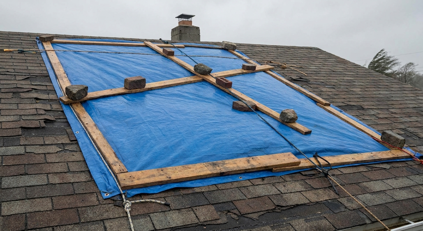 A blue tarp secured on an asphalt shingle roof using wooden boards along the edges, fastened down to resist wind, real photo style