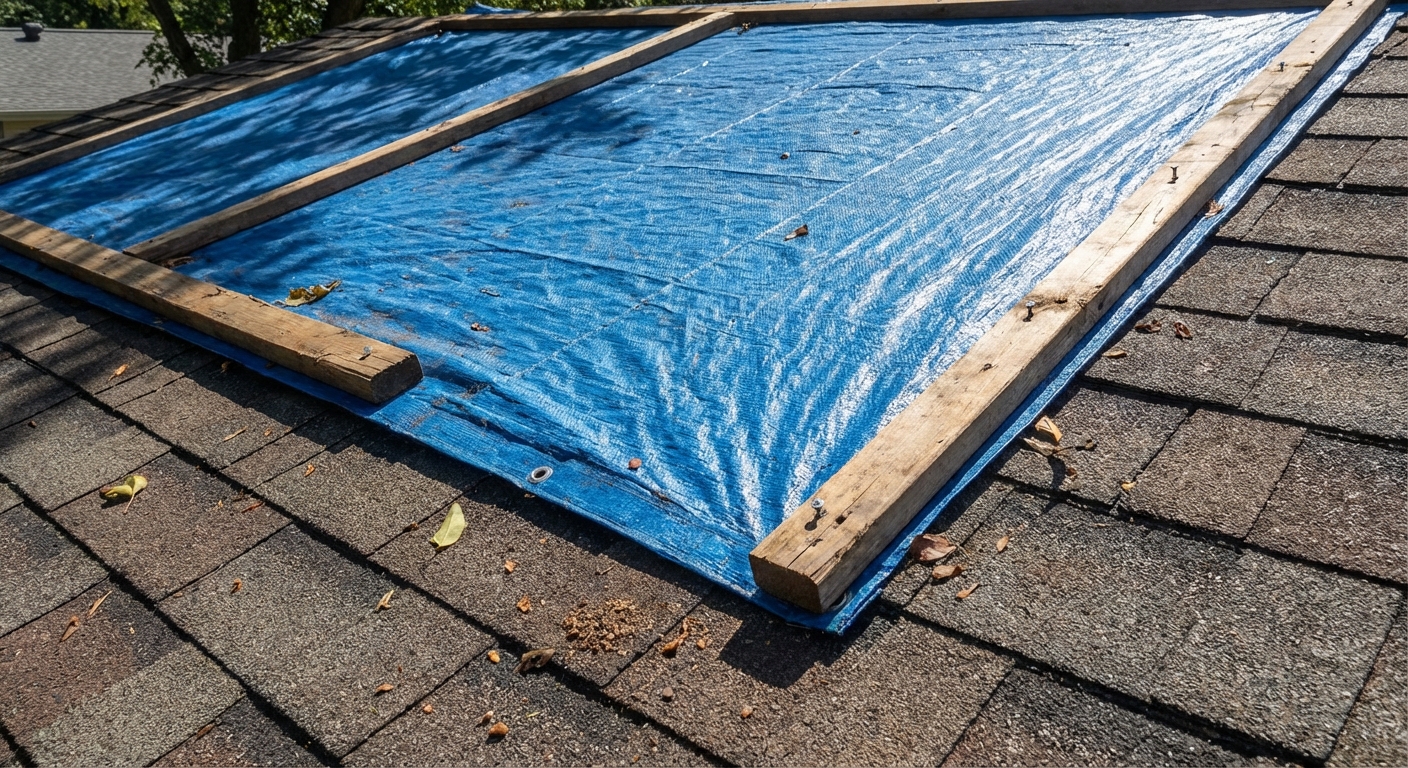 A blue tarp secured over an asphalt shingle roof using wooden furring strips and screws on a dry day, realistic emergency roof repair photo