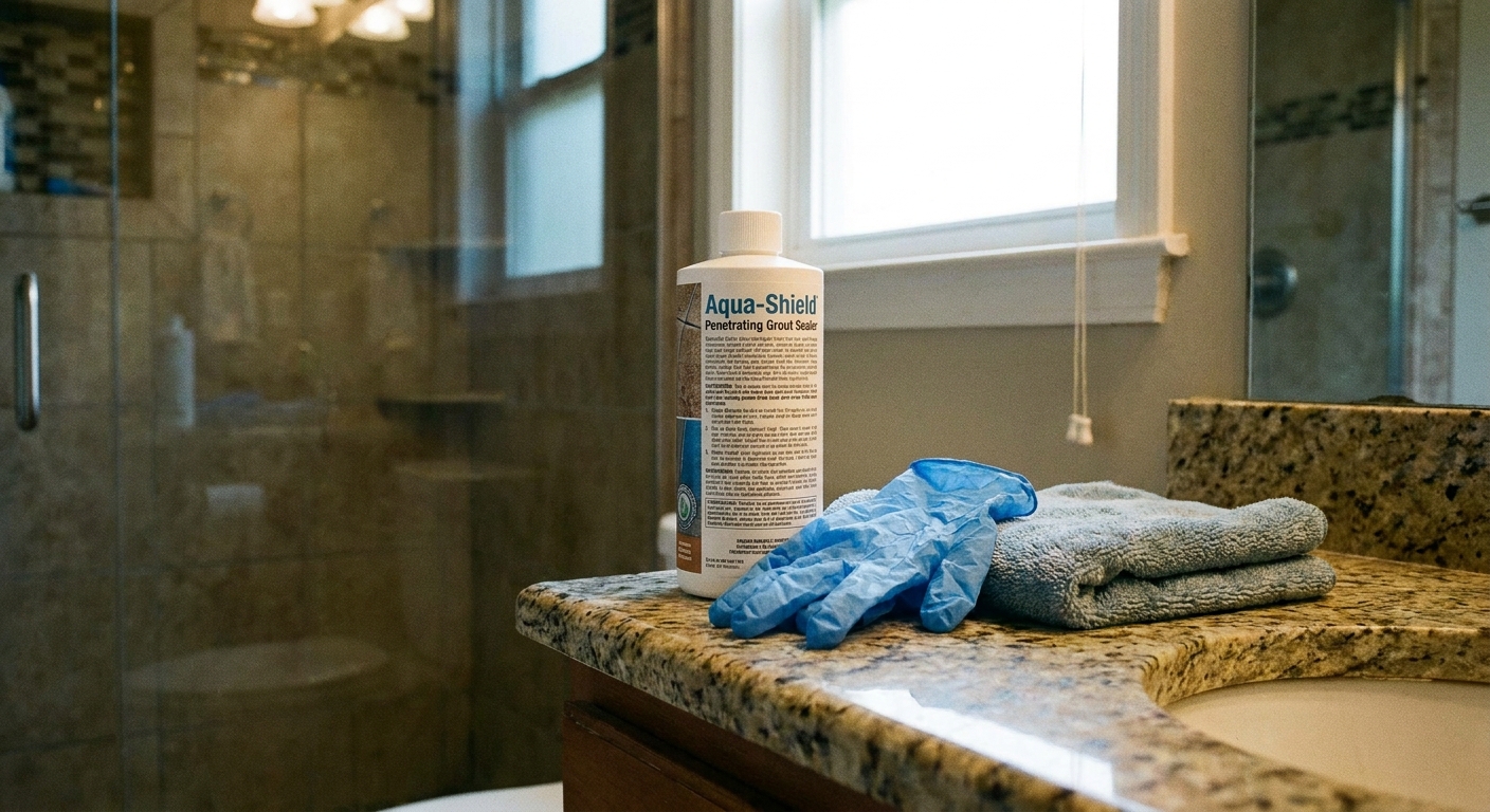 A bottle of penetrating grout sealer sitting on a bathroom vanity next to nitrile gloves and a clean microfiber cloth, real photo