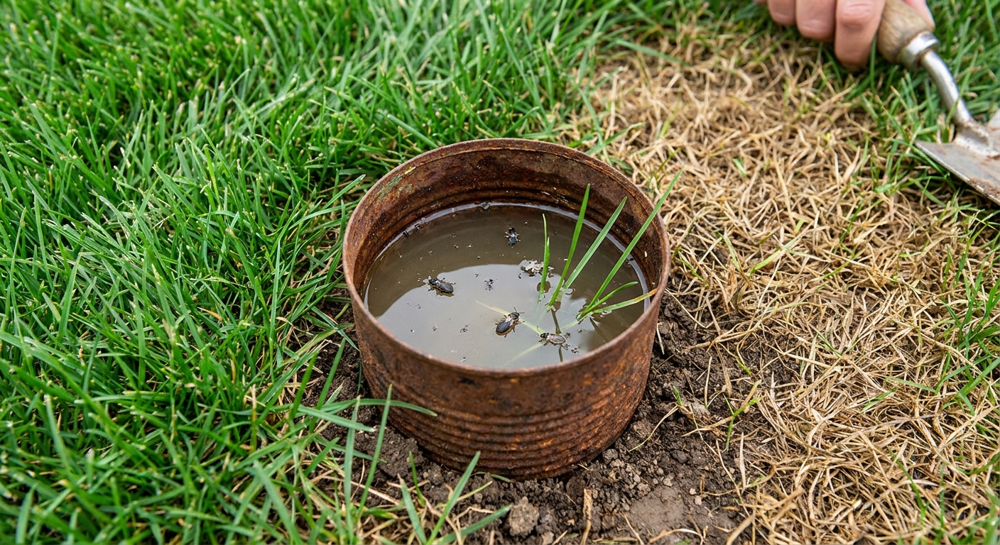 A bottomless metal can pressed into turf and filled with water at the edge of a brown patch to check for chinch bugs