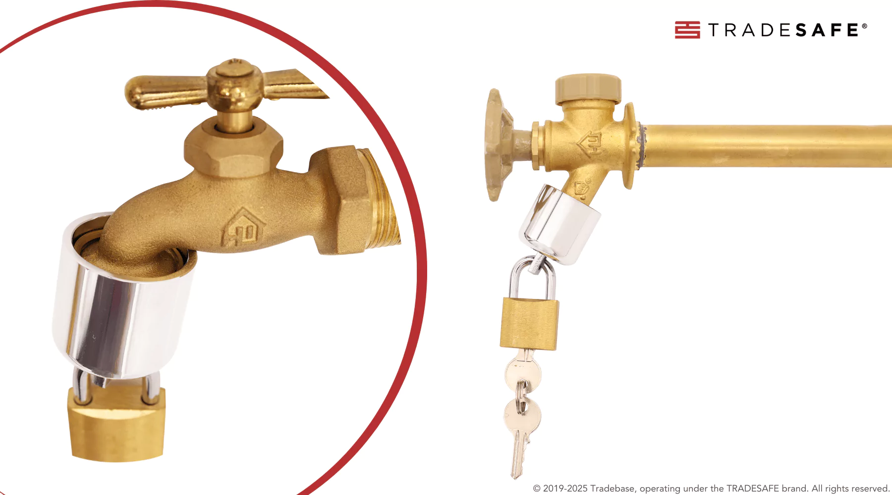 A brass hose bib cap with a rubber washer installed on an outdoor faucet, photographed close up with a dry wall surface