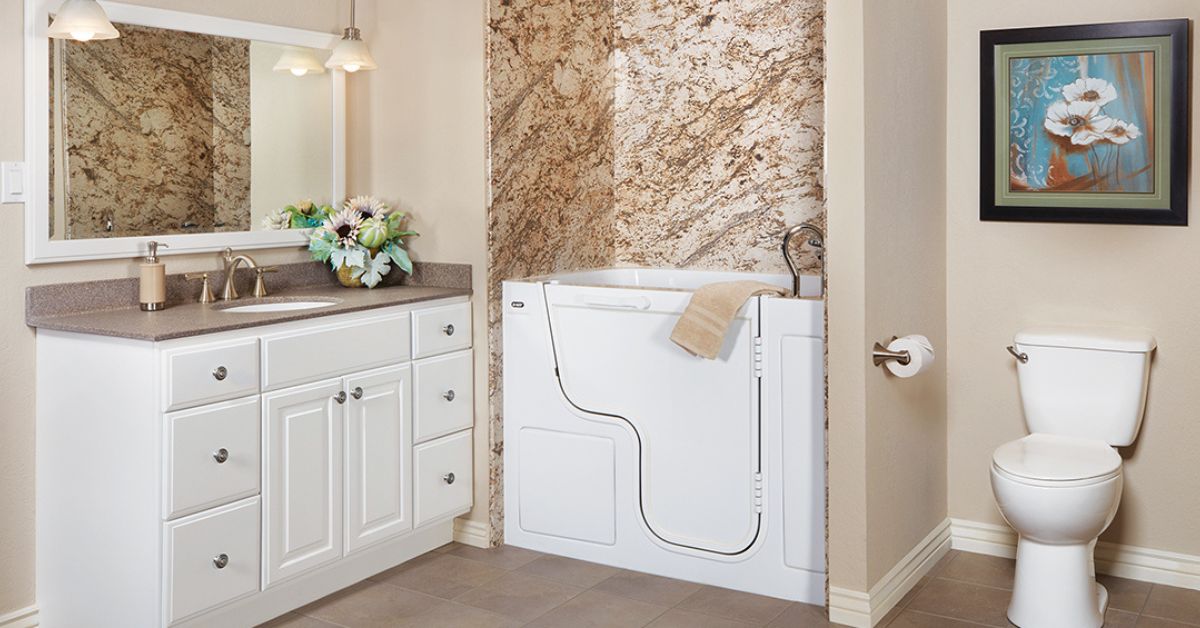 A bright, clean residential bathroom with a white walk-in bathtub featuring a low-threshold door and built-in seat, photographed in a realistic home setting