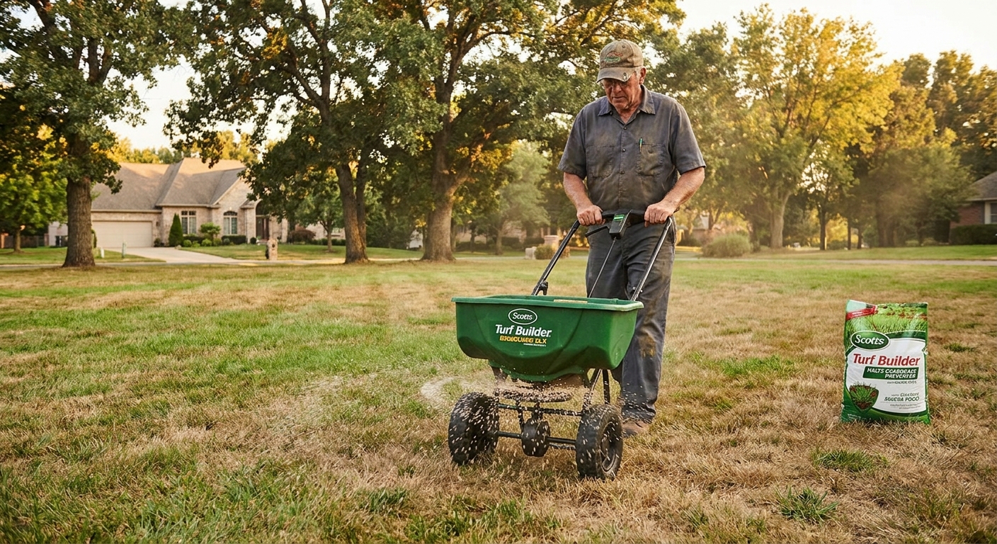 A broadcast spreader being pushed across a lawn to apply a granular pre-emergent product in late summer