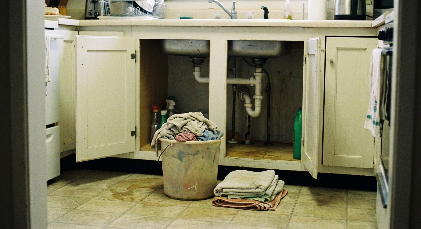 A bucket and towels on the floor under a kitchen sink cabinet