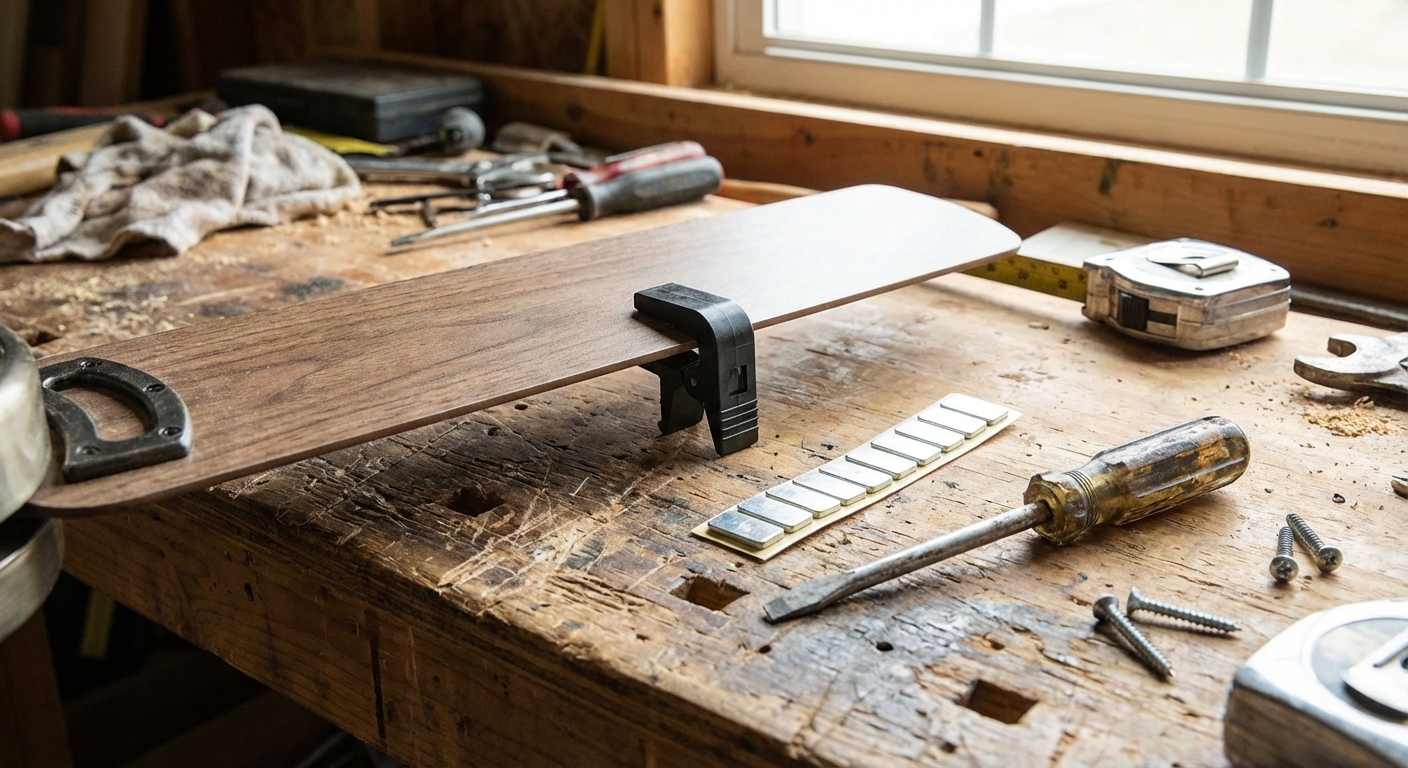 A ceiling fan balancing kit on a workbench with a small plastic balancing clip and adhesive weights next to a screwdriver, realistic workshop photo