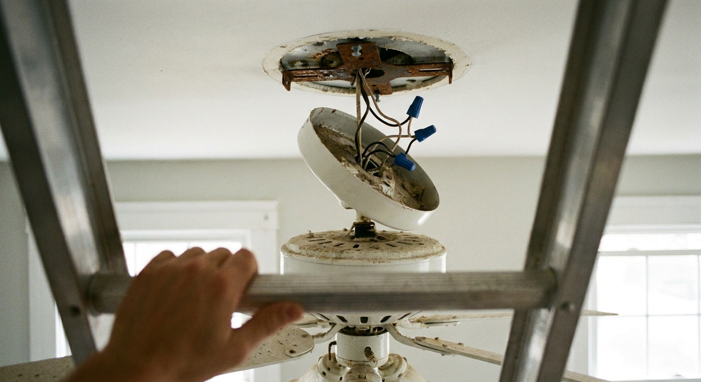 A ceiling fan canopy slid down to reveal the metal mounting bracket and wiring at the ceiling, photographed from a ladder