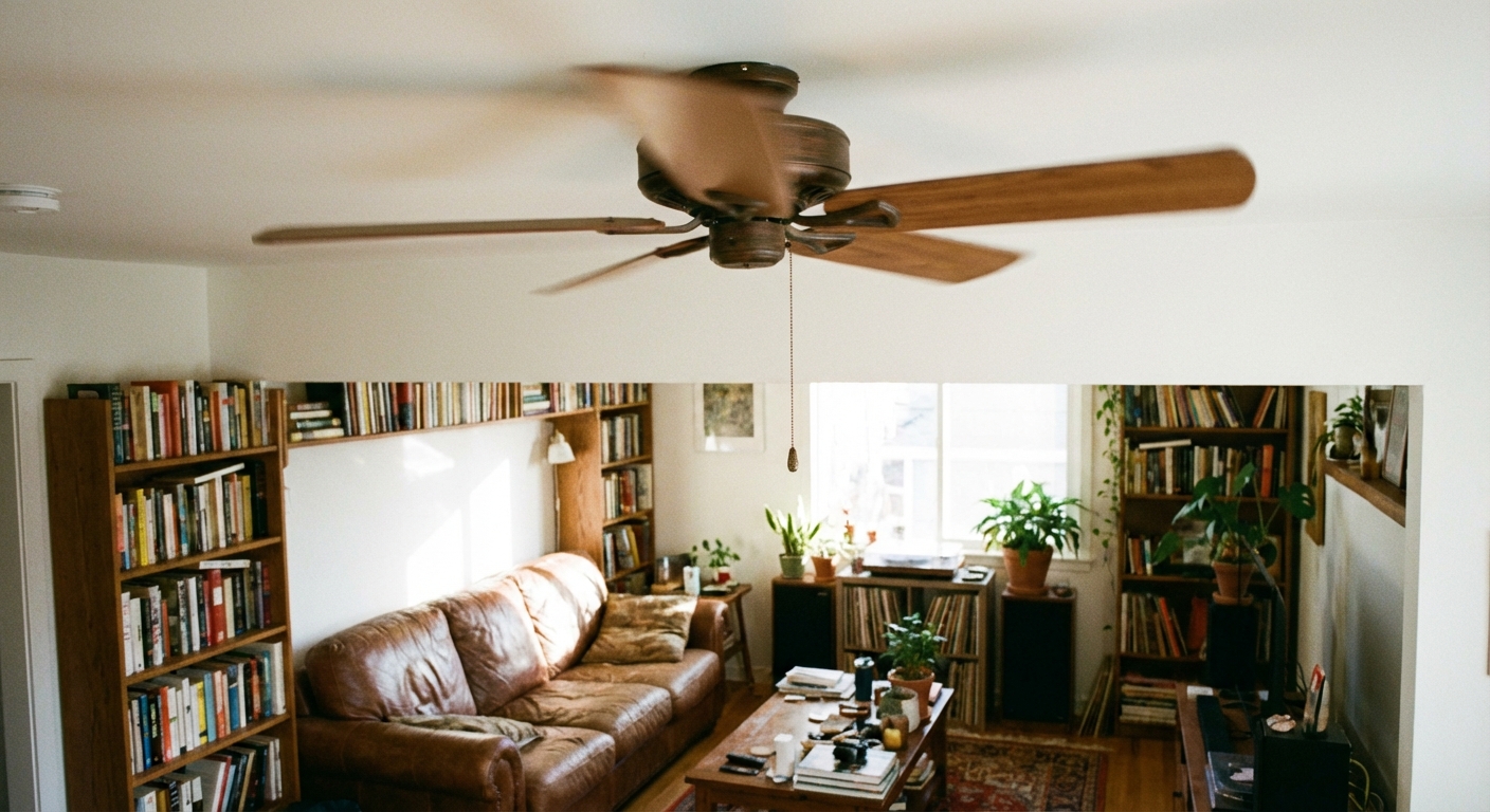 A ceiling fan mounted on a white ceiling in a lived-in room, captured mid-spin with a slight motion blur, realistic home interior photo