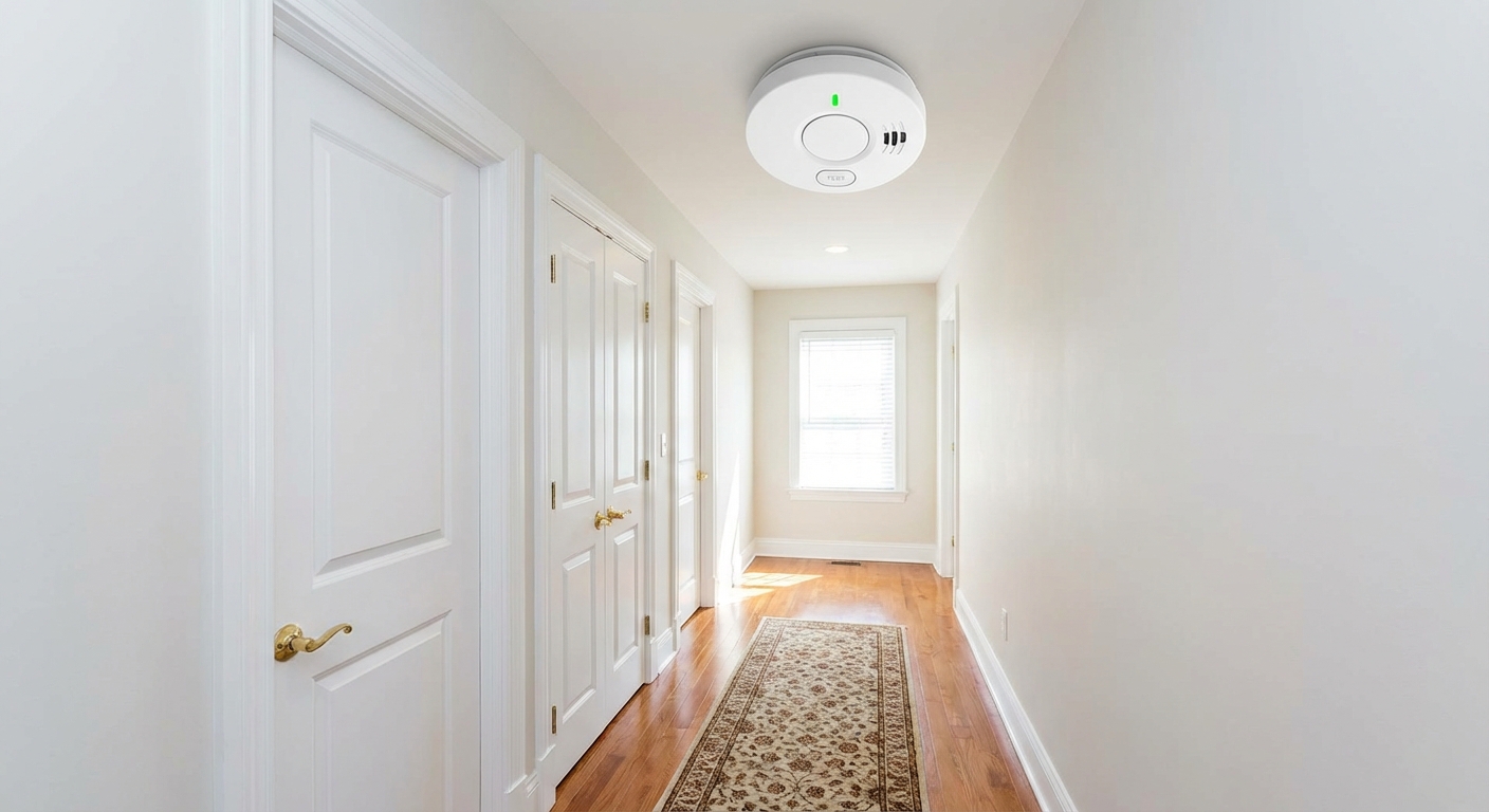 A ceiling-mounted smoke alarm installed in a clean hallway outside bedroom doors