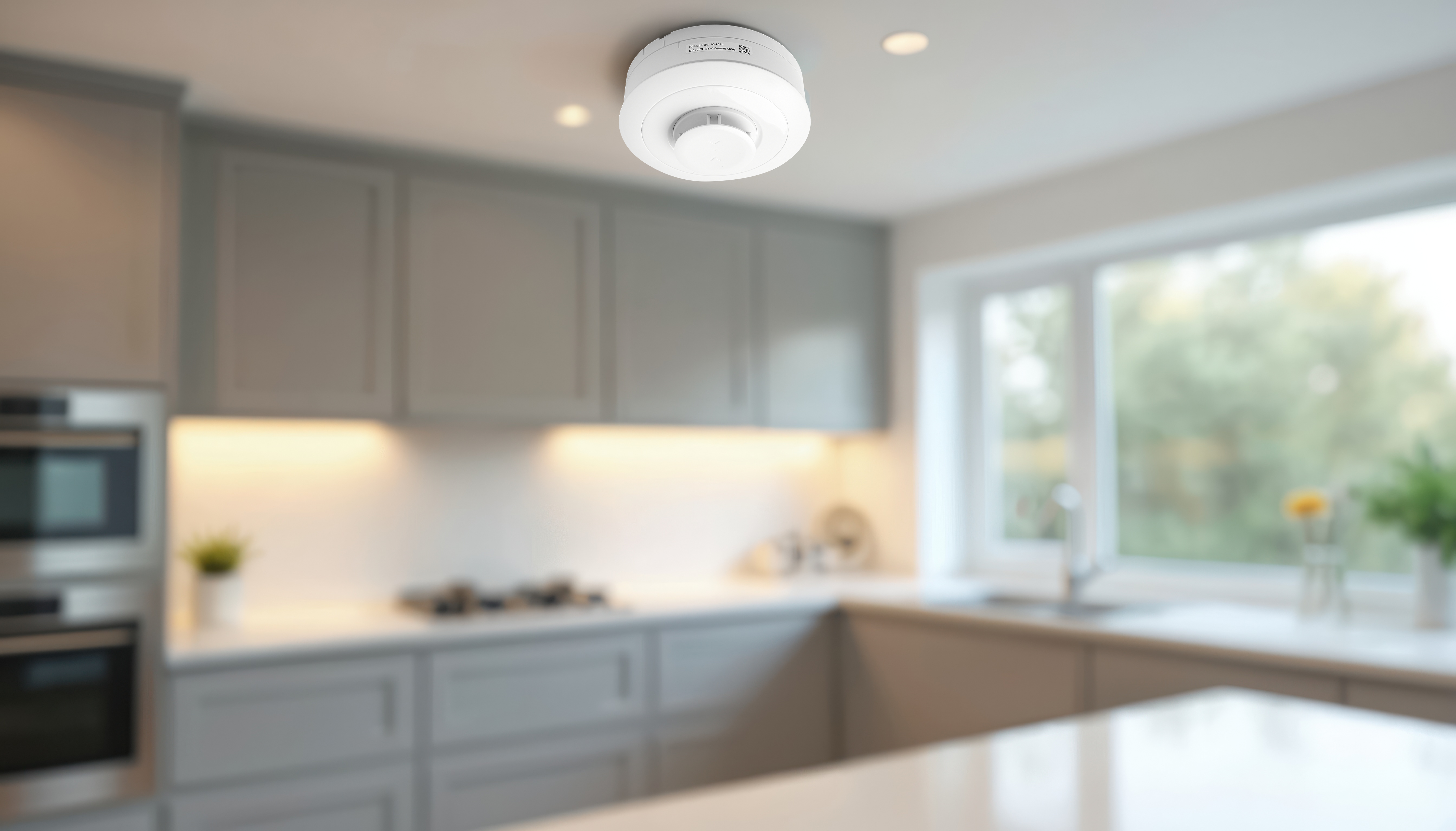 A ceiling smoke alarm installed in a hallway outside a kitchen entrance, showing typical placement away from the stove