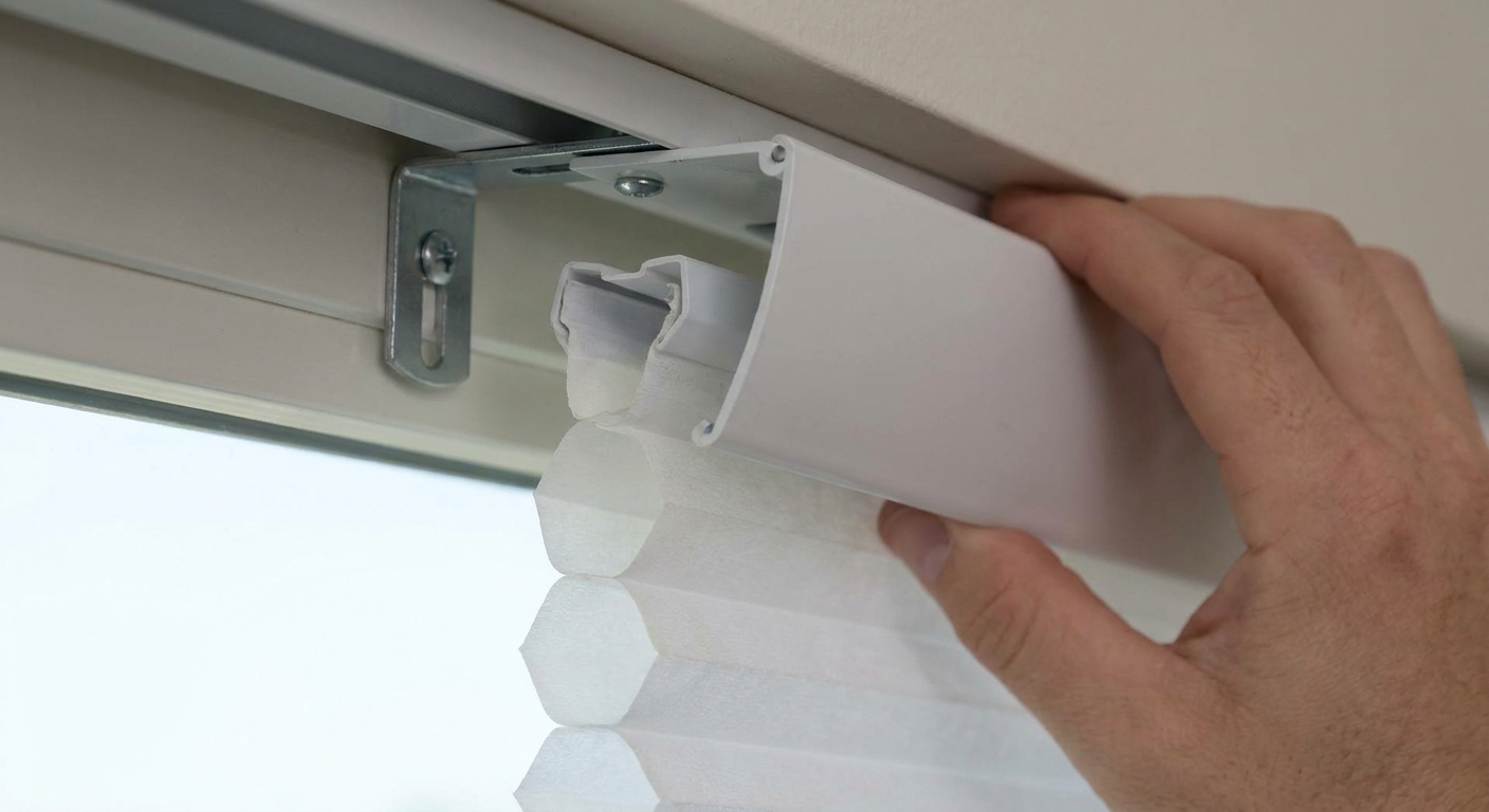 A cellular shade headrail partially seated in a mounting bracket just before it clicks into place