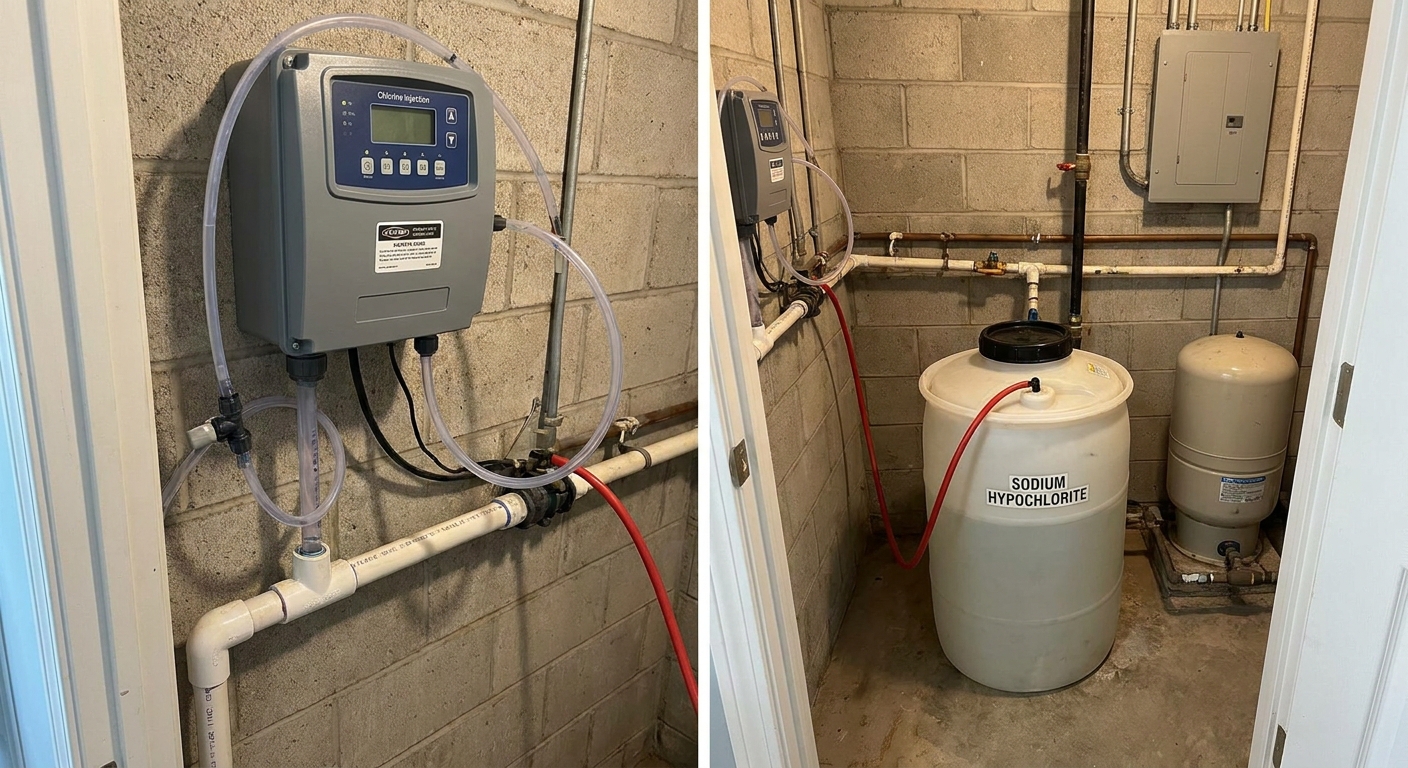 A chlorine injection metering pump installed on a well water line in a utility room with tubing leading to a solution tank, real photo