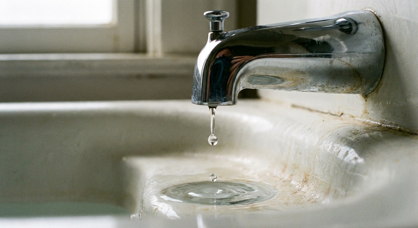 A chrome bathtub spout dripping a steady drop into a white bathtub, close-up real photography