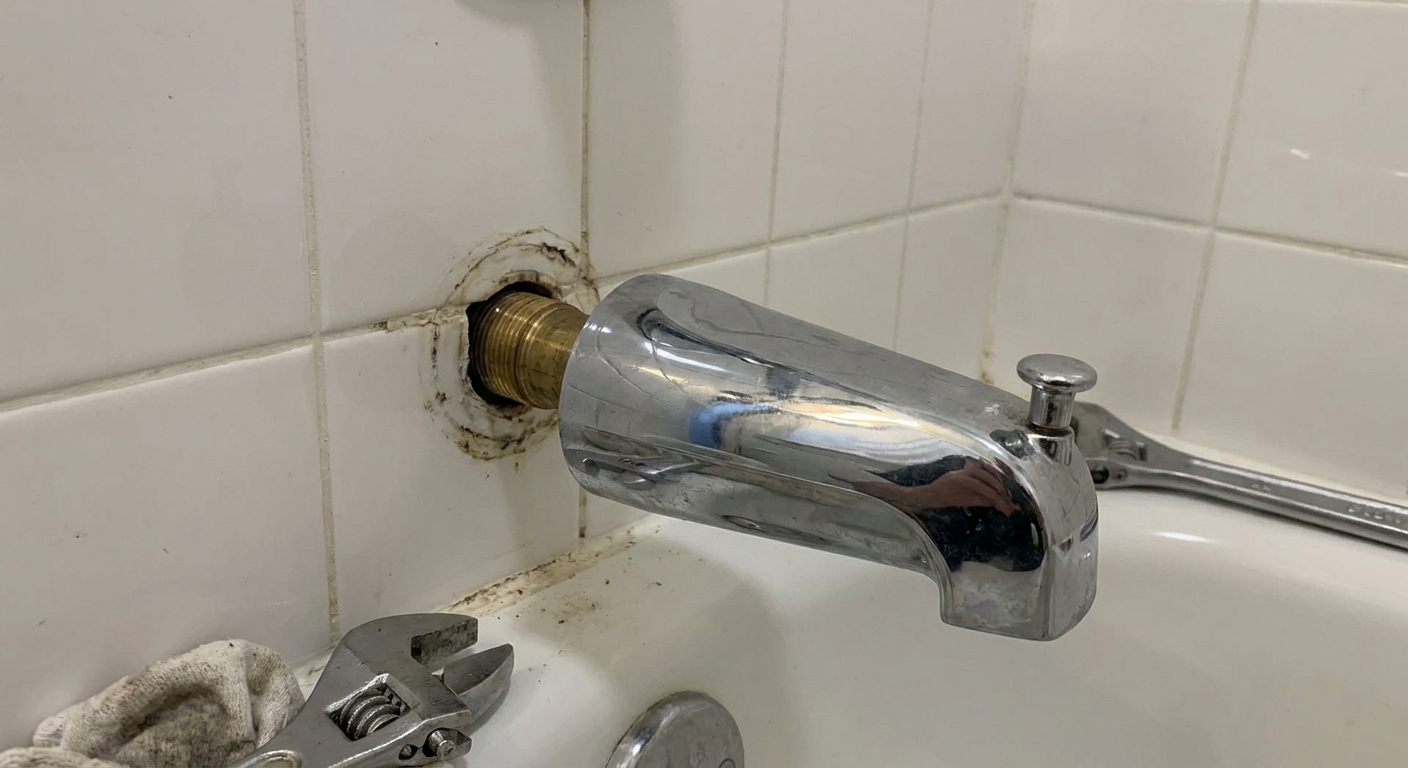 A chrome bathtub spout partially removed, revealing a short threaded metal nipple coming from the wall