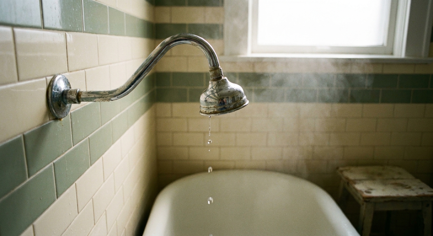 A chrome shower head mounted on a tiled shower wall with a few water droplets falling into the tub below, natural indoor lighting, real photo