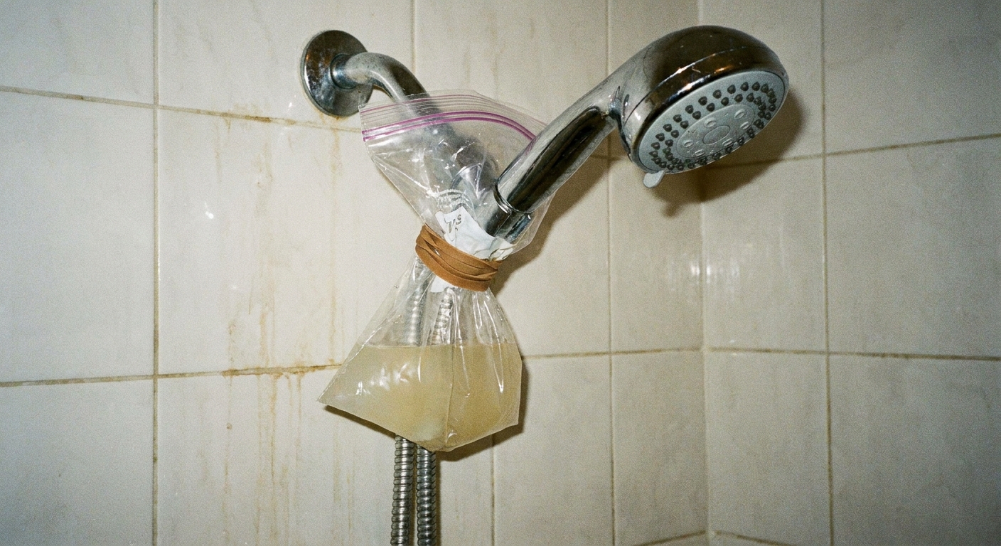 A chrome shower head wrapped in a clear plastic bag filled with vinegar, secured with a rubber band, hanging in a shower stall, real photo