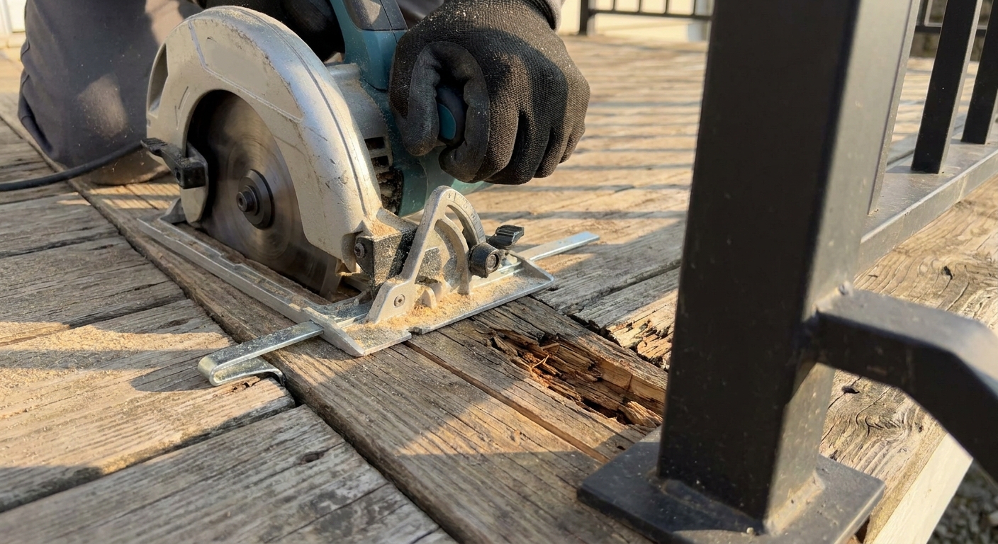 A circular saw set to shallow depth cutting along the length of a deck board to remove a damaged section without disturbing the railing