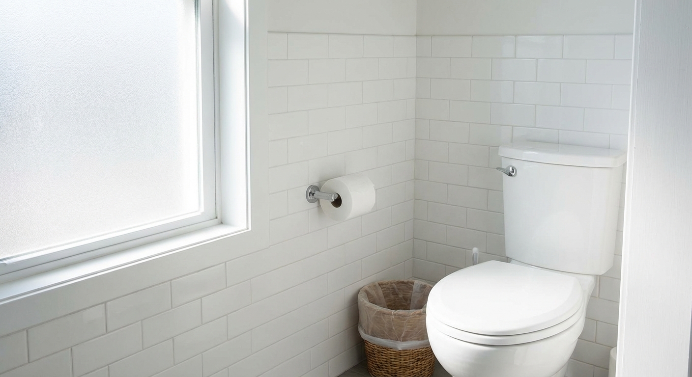 A clean bathroom with a white toilet, a small wastebasket lined with a bag next to it, and a roll of toilet paper on a holder, soft natural light, photorealistic