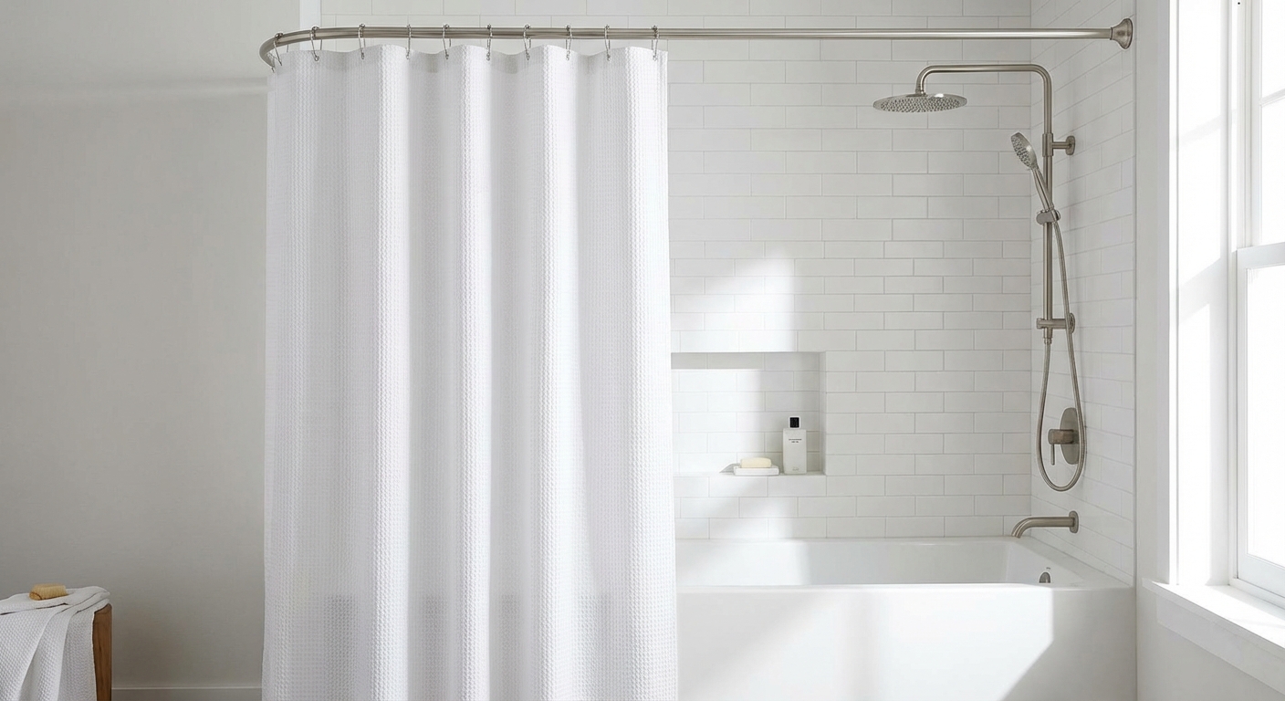 A clean bathtub shower with a new white shower curtain on a curved rod and a modern showerhead