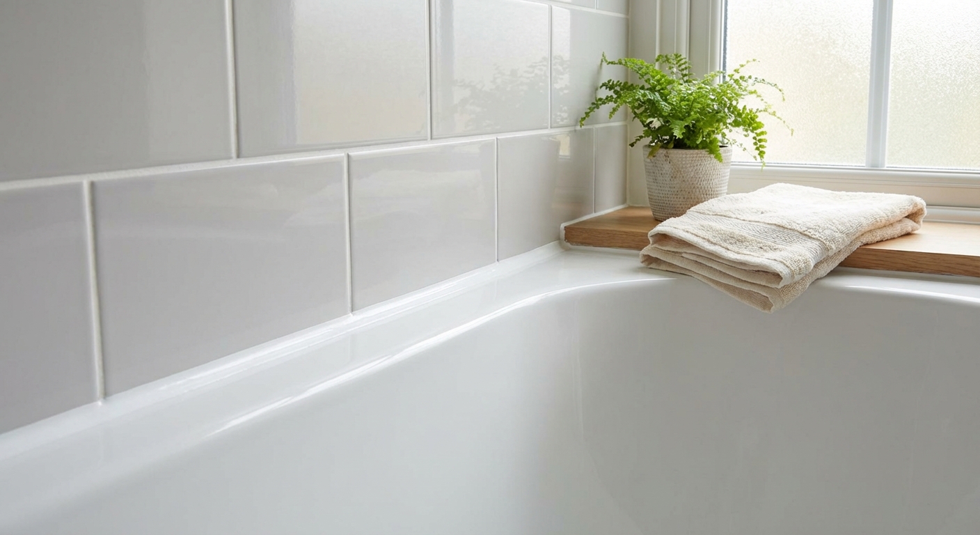 A clean bathtub-to-tile seam with fresh white caulk in a tidy bathroom, no tools visible, calm natural light, photorealistic
