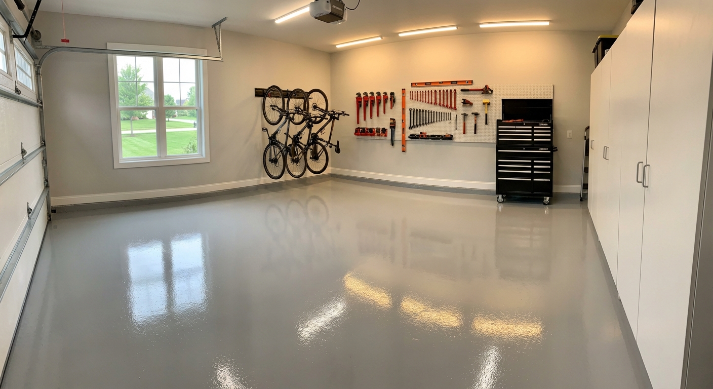 A clean residential garage with a freshly coated light gray epoxy floor, subtle gloss reflecting overhead lights, a few tools staged neatly along the wall, photorealistic interior photo