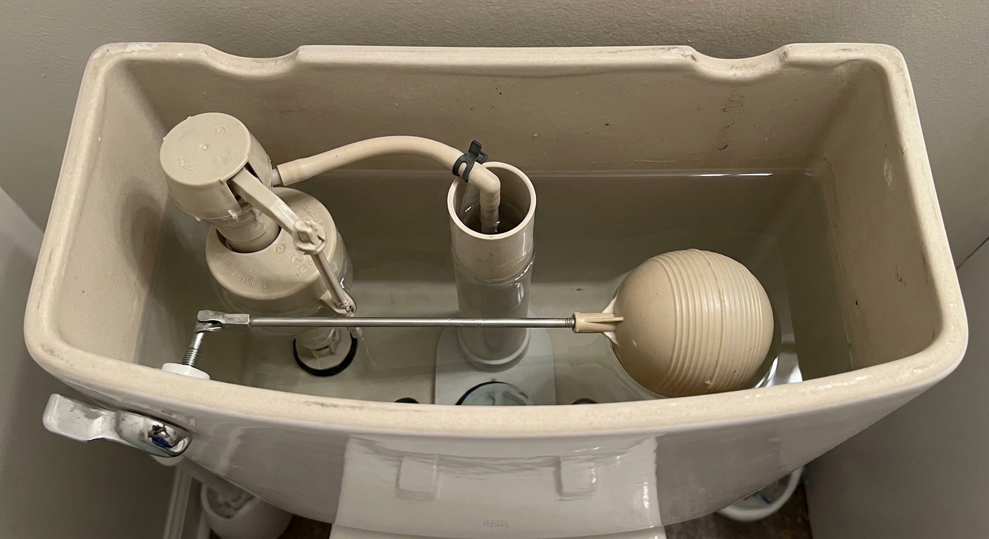 A clear photo looking into a toilet tank showing the fill valve, float mechanism, and overflow tube with water at the normal level