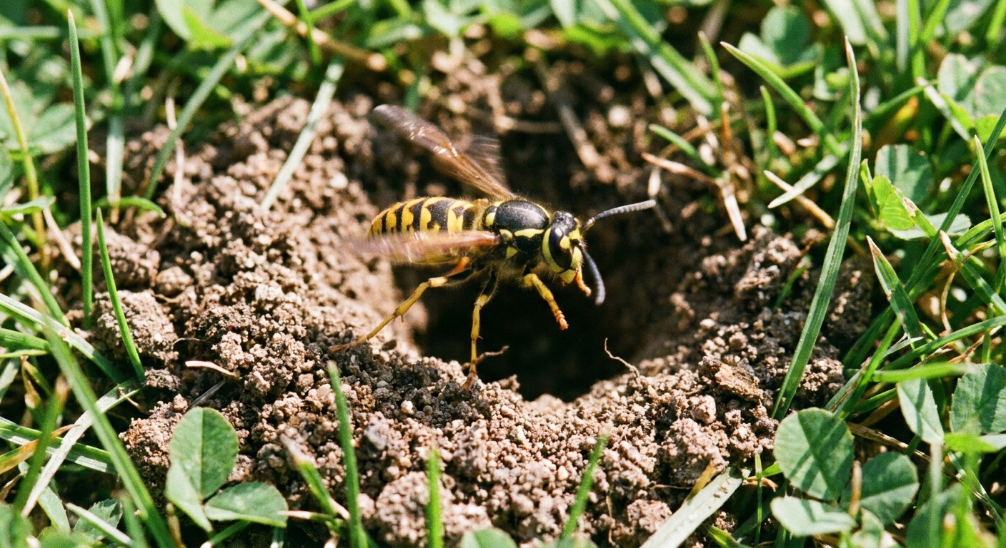 A close outdoor photo of a yellow jacket landing at the edge of a small dirt hole in a lawn, wings slightly blurred from motion