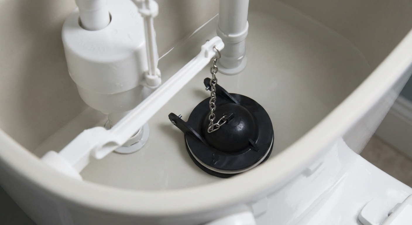 A close photo inside a toilet tank showing a black rubber flapper connected to a chain and flush lever, with clean porcelain surfaces, photorealistic