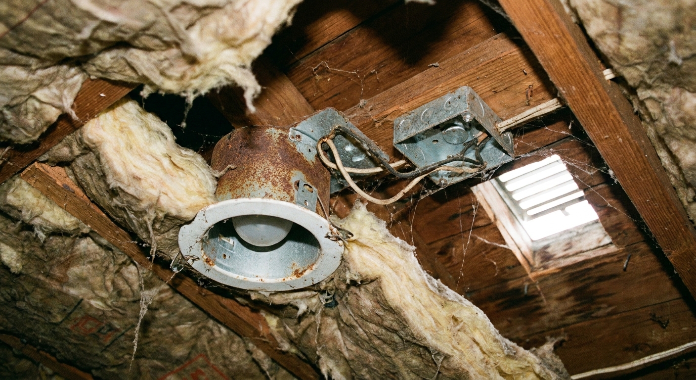 A close photo of a recessed can light housing visible from an attic, with insulation pulled back for inspection