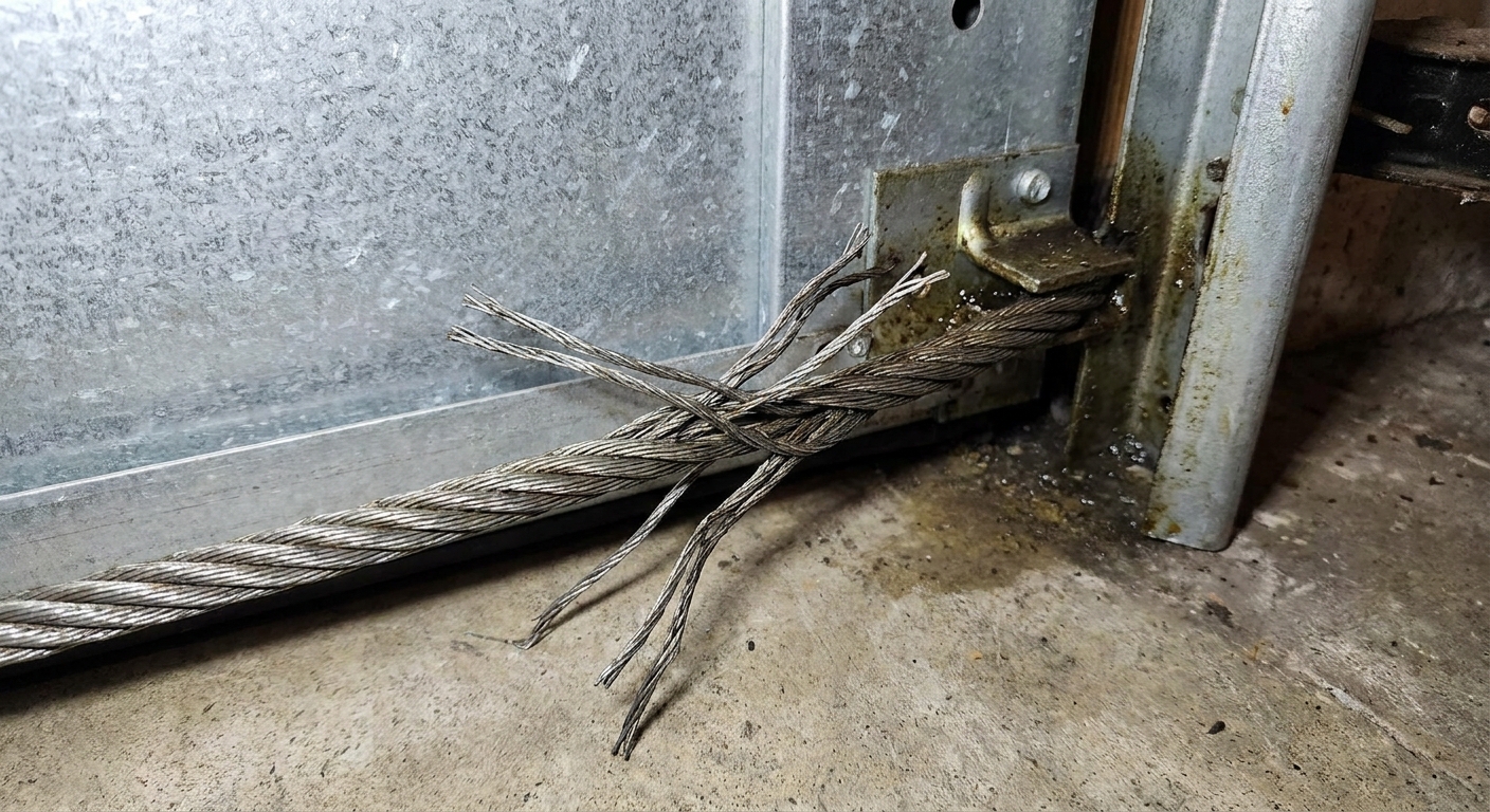 A close realistic photo of a steel garage door lift cable with visible frayed strands near the bottom corner hardware