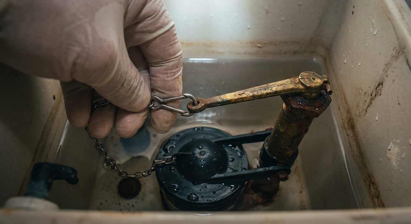 A close-up inside a toilet tank showing a hand unclipping the flapper chain from the flush handle lever arm, photorealistic