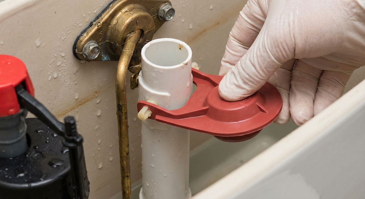 A close-up inside a toilet tank showing a new rubber flapper being attached onto the mounting pegs near the overflow tube, photorealistic