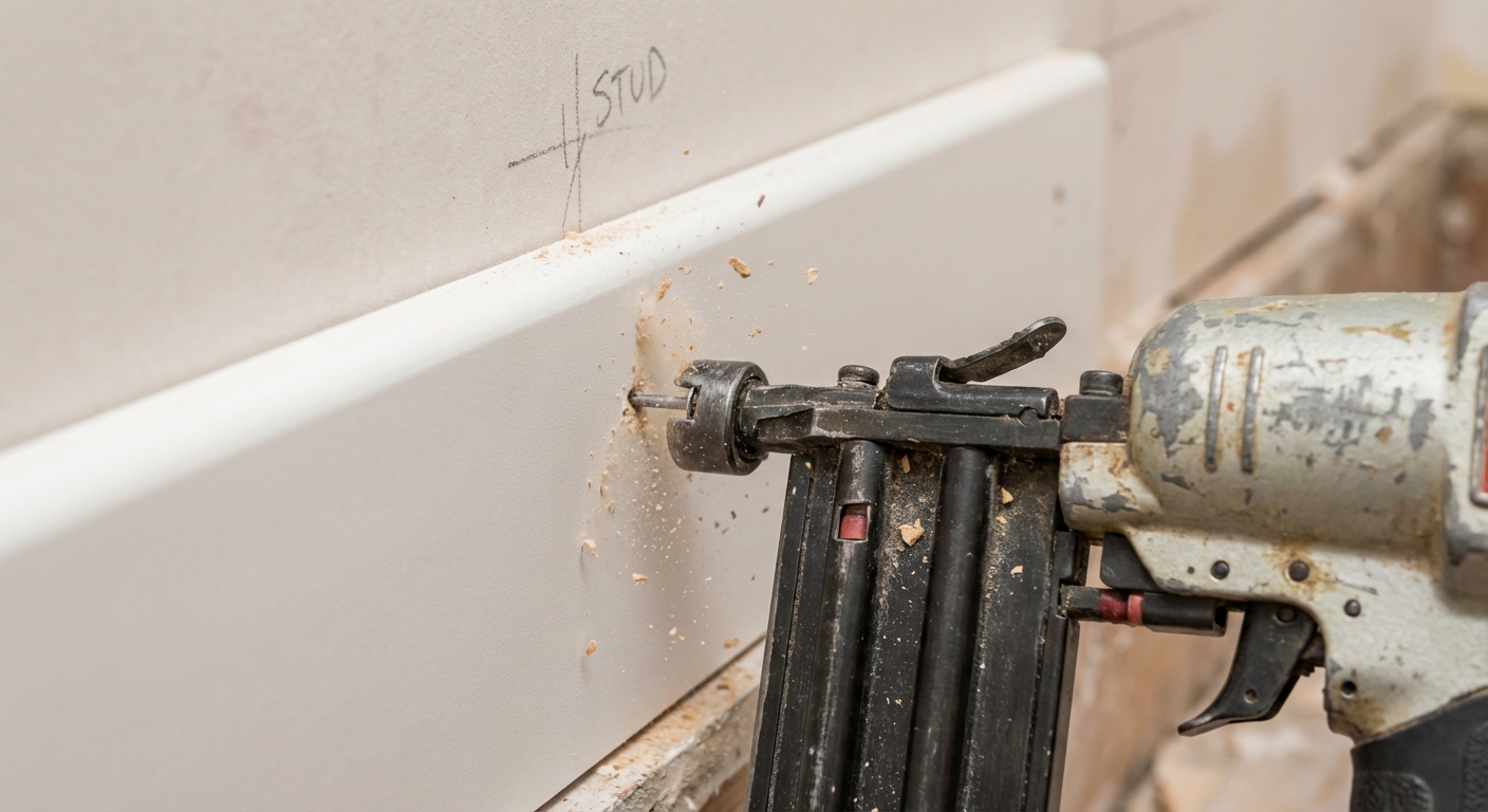 A close-up of a brad nailer firing a nail through a white baseboard into a wall, with a stud mark faintly visible above the trim