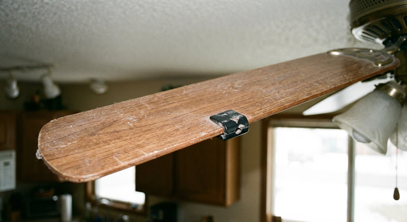 A close-up of a ceiling fan blade with a small plastic balancing clip attached near the middle of the blade, realistic home repair photo